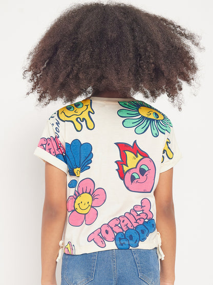 Pampolina Girls Graphic Floral Printed Top-Off-White