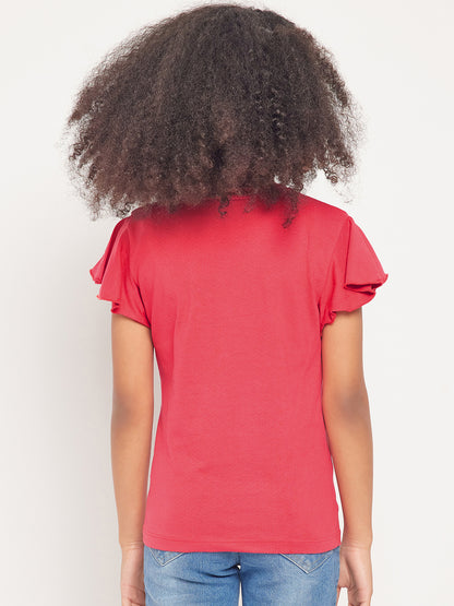 Pampolina Girls Mood Embroidery Printed Top- Coral