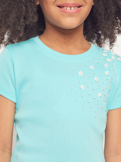 Pampolina Girls Solid Half Sleeve Top- Sky Blue