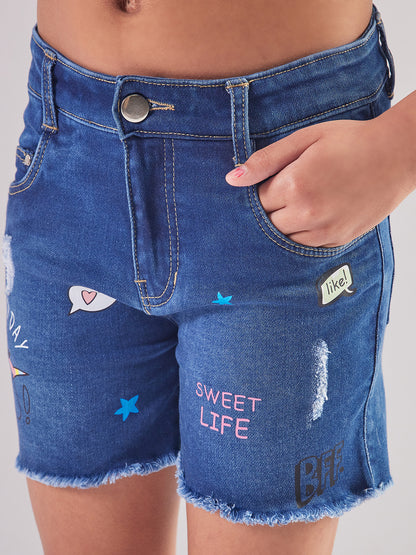 Pampolina Girls Printed Denim Shorts- Dark Blue
