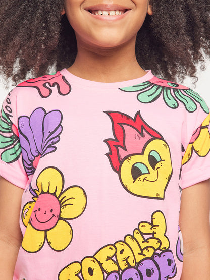 Pampolina Girls Graphic Floral Printed Top-Pink