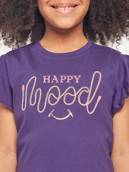 Pampolina Girls Mood Embroidery Printed Top- Purple