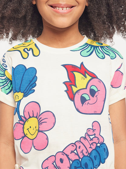 Pampolina Girls Graphic Floral Printed Top-Off-White