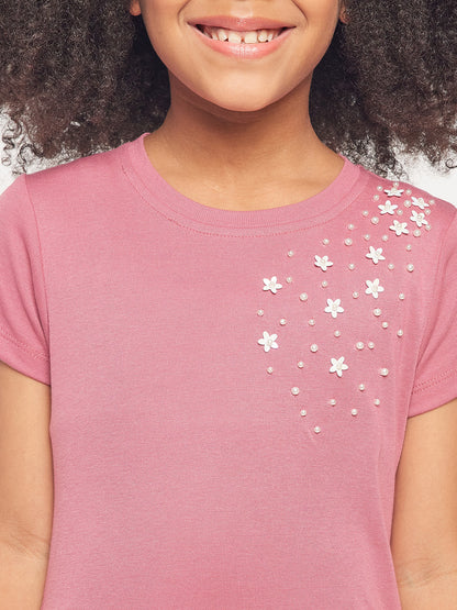 Pampolina Girls Sequined Printed Half Sleeve Top- Onion Pink