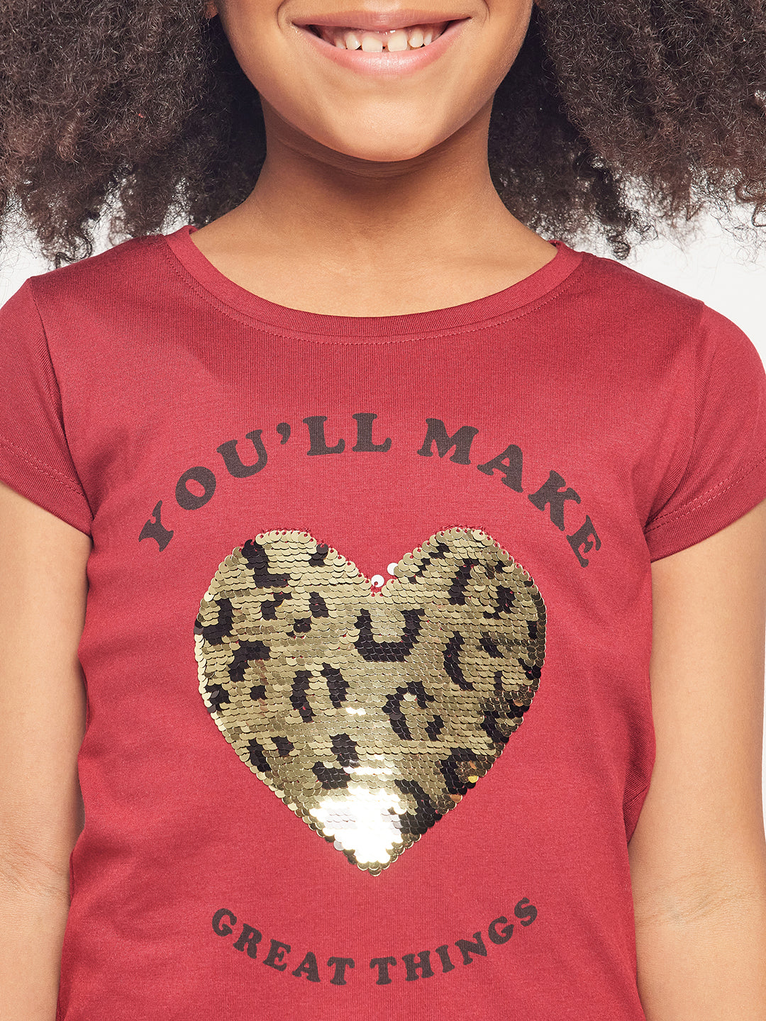 Pampolina Girls Sequin Heart Printed Top- Mahrooon