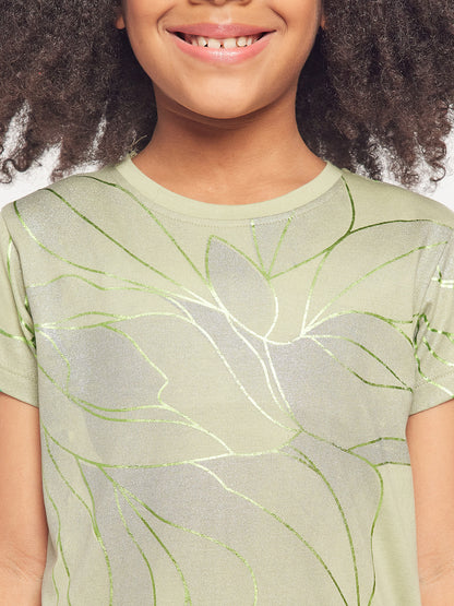 Pampolina Girls Allover Floral Printed Half Sleeve Top-Green