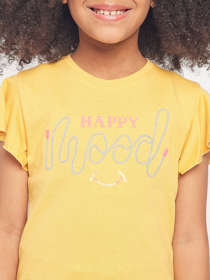 Pampolina Girls Mood Embroidery Printed Top- Mustard