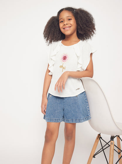 Pampolina Girls Half Sleeve Floral Printed Top-White
