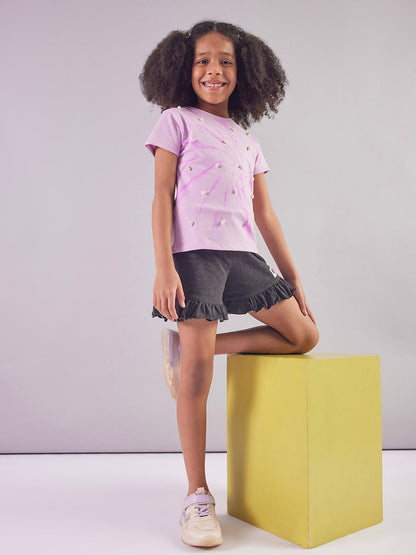 Pampolina  Girls Sequined Printed Top- Lavender