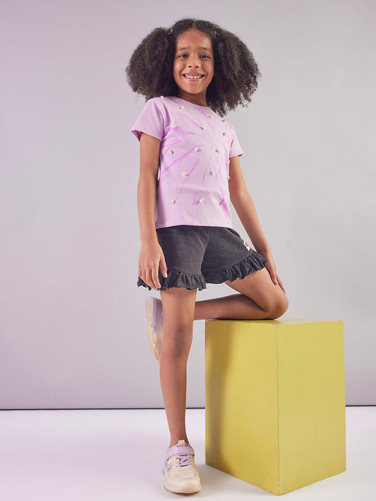 Pampolina  Girls Sequined Printed Top- Lavender