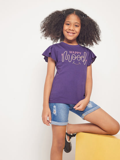 Pampolina Girls Mood Embroidery Printed Top- Purple