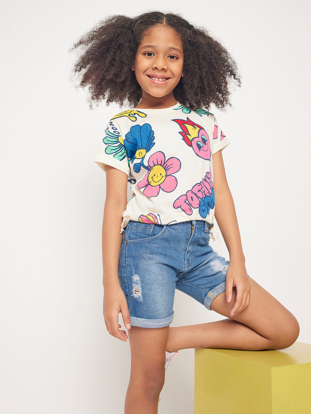 Pampolina Girls Graphic Floral Printed Top-Off-White