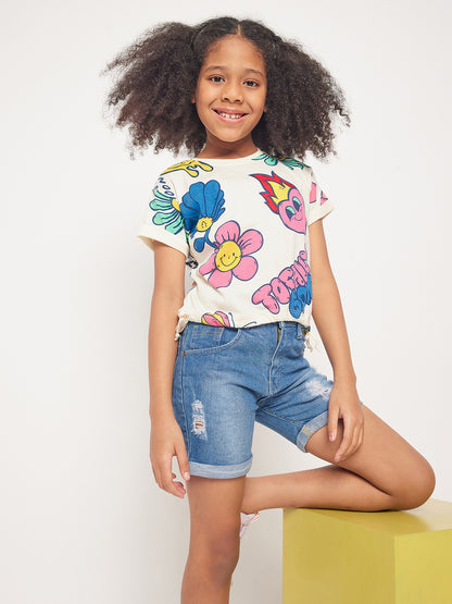 Pampolina Girls Graphic Floral Printed Top-Off-White