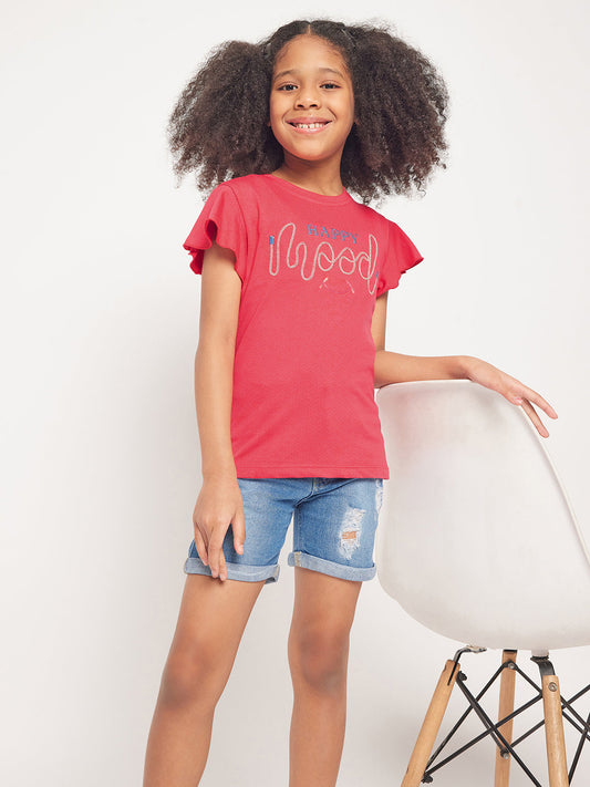Pampolina Girls Mood Embroidery Printed Top- Coral