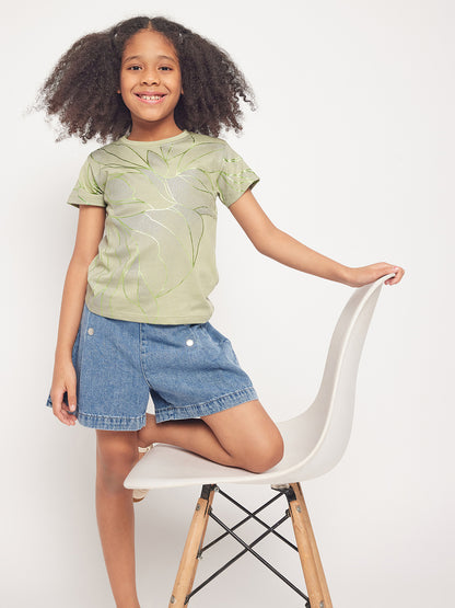 Pampolina Girls Allover Floral Printed Half Sleeve Top-Green