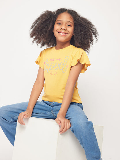 Pampolina Girls Mood Embroidery Printed Top- Mustard