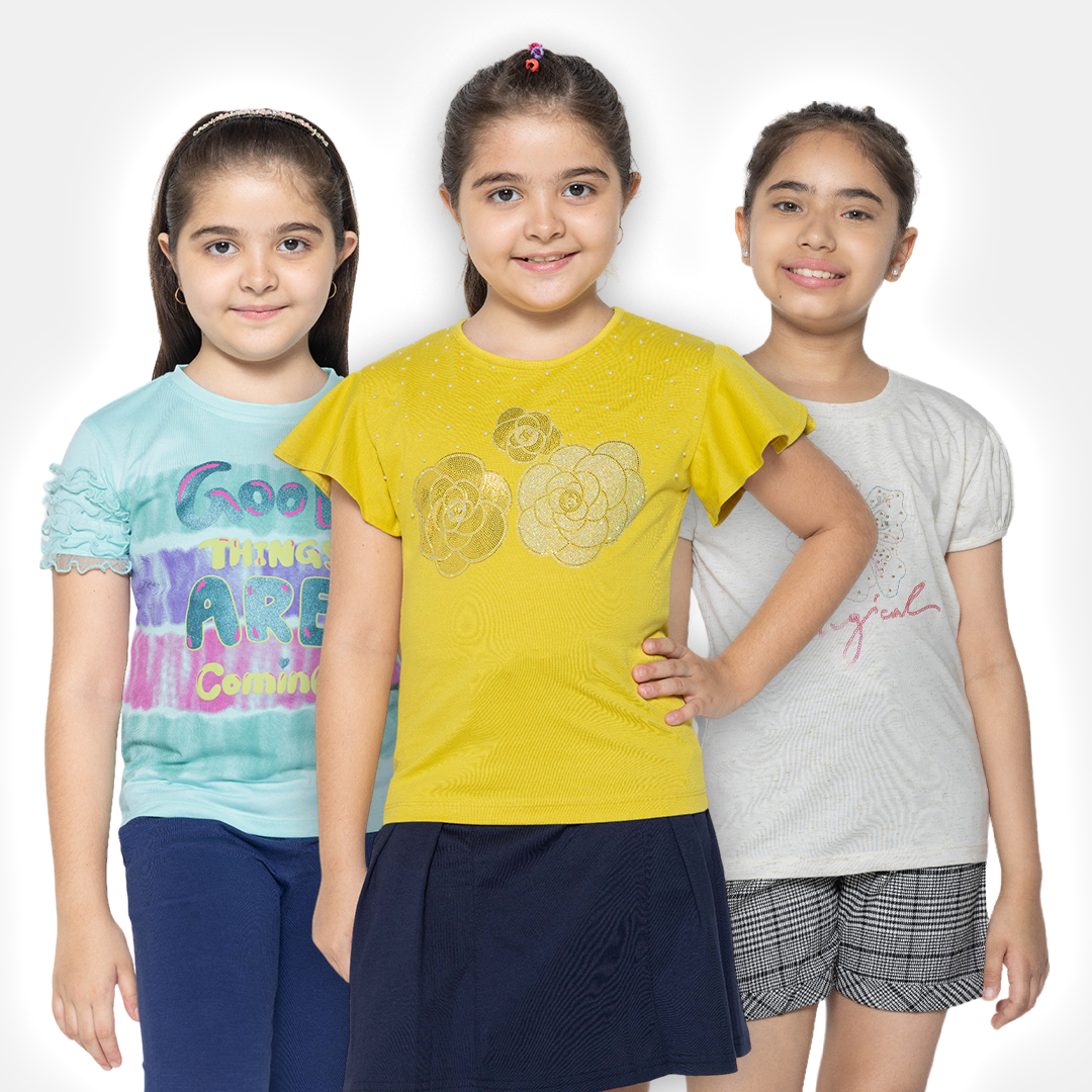 "Colorful Creations: Set of 3 Printed Tops for Girls"