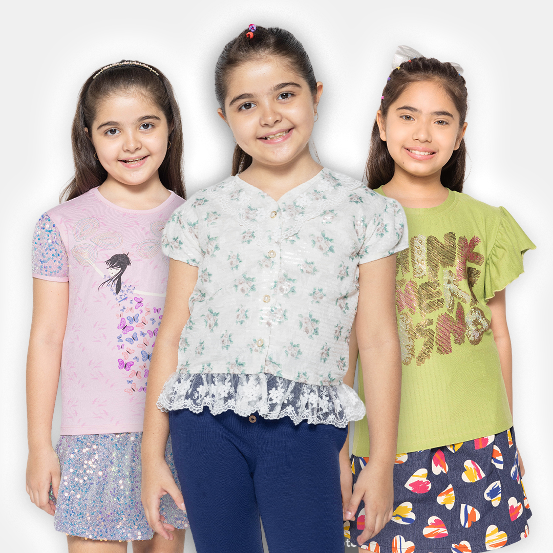 "Girls' Fashion Fun: Set of 3 Printed Part Tops"