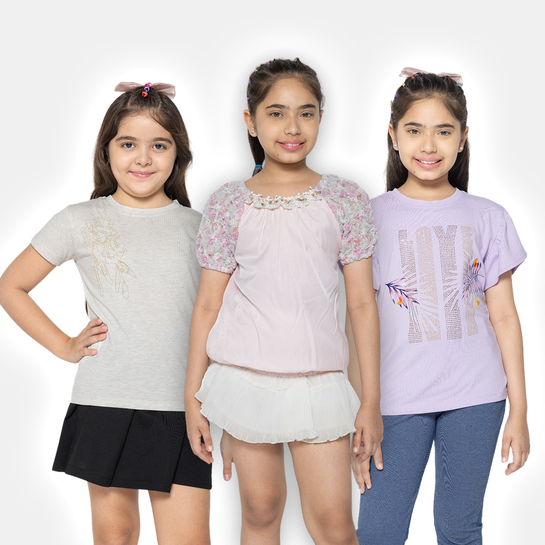 "Girls' Fashion Fun: Set of 3 Printed Part Tops"