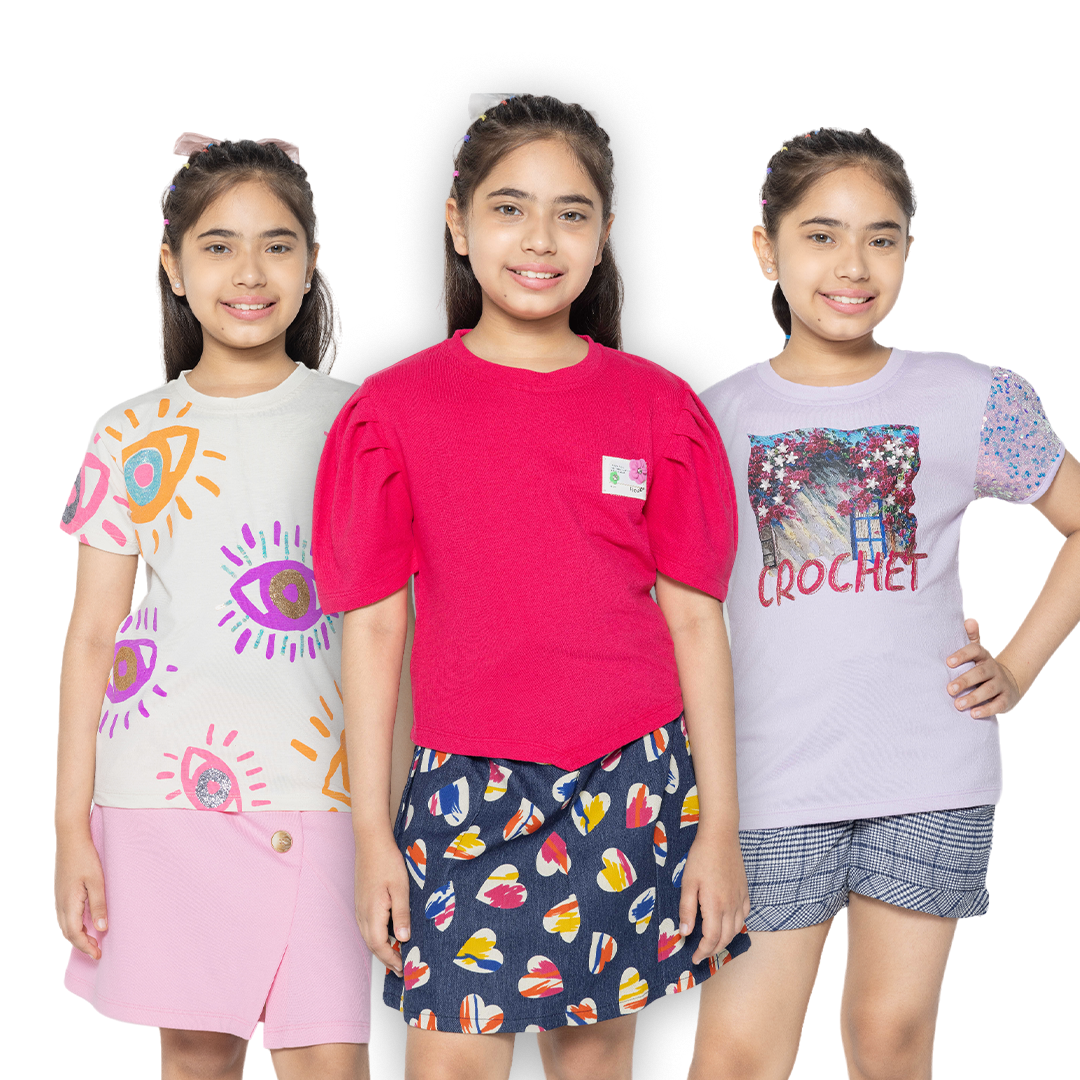 "Colorful Creations: Set of 3 Printed Tops for Girls"