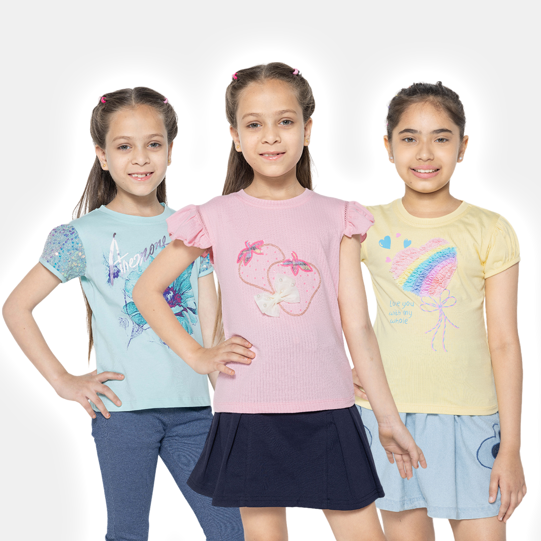 "Girls' Fashion Fun: Set of 3 Printed Part Tops"