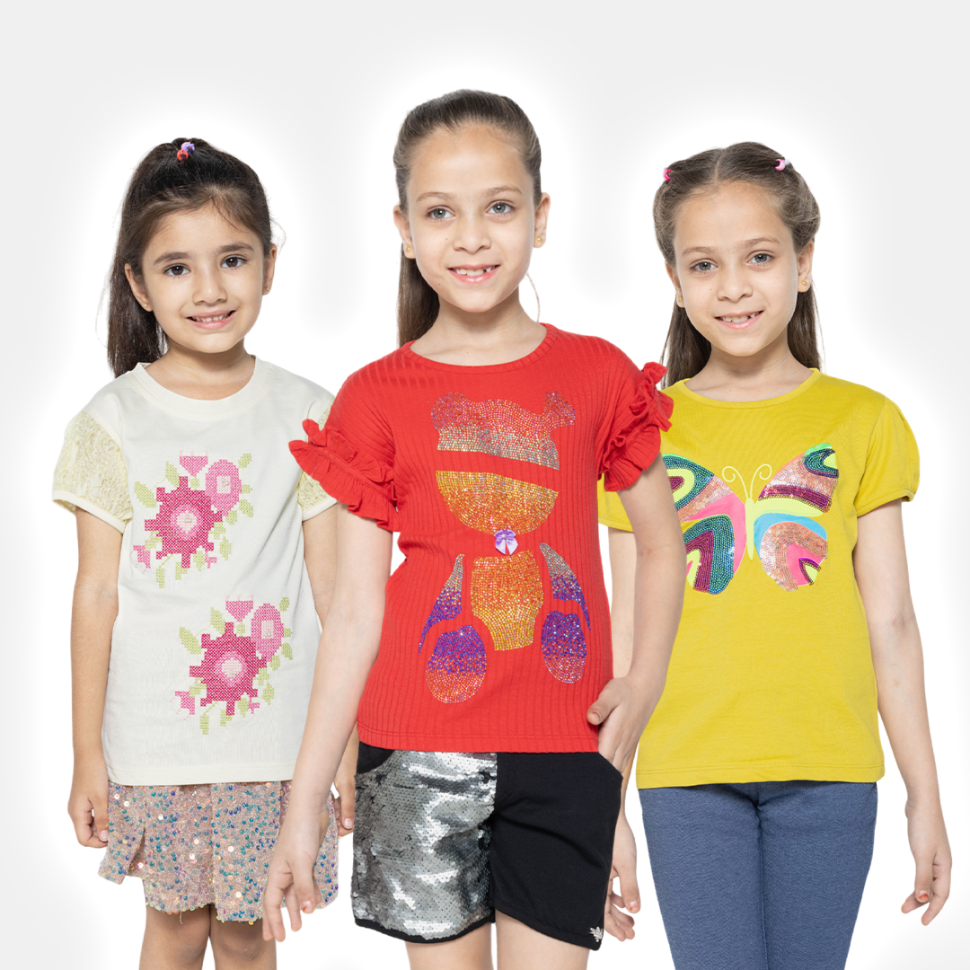 "Colorful Creations: Set of 3 Printed Tops for Girls"