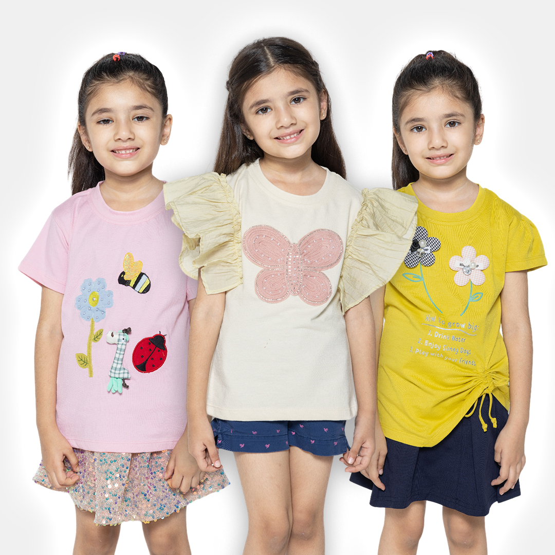 "Colorful Creations: Set of 3 Printed Tops for Girls"