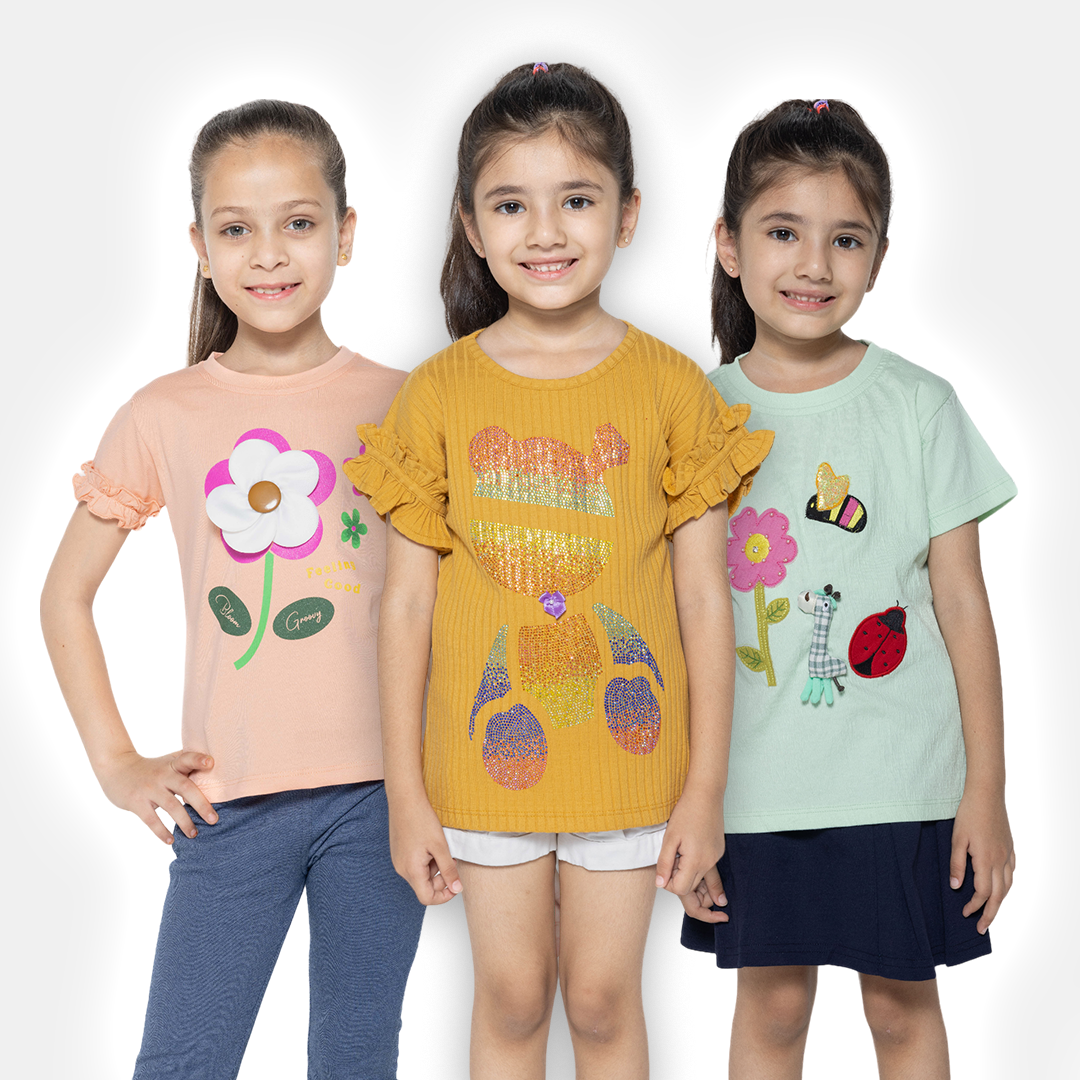 "Girls' Fashion Fun: Set of 3 Printed Part Tops"