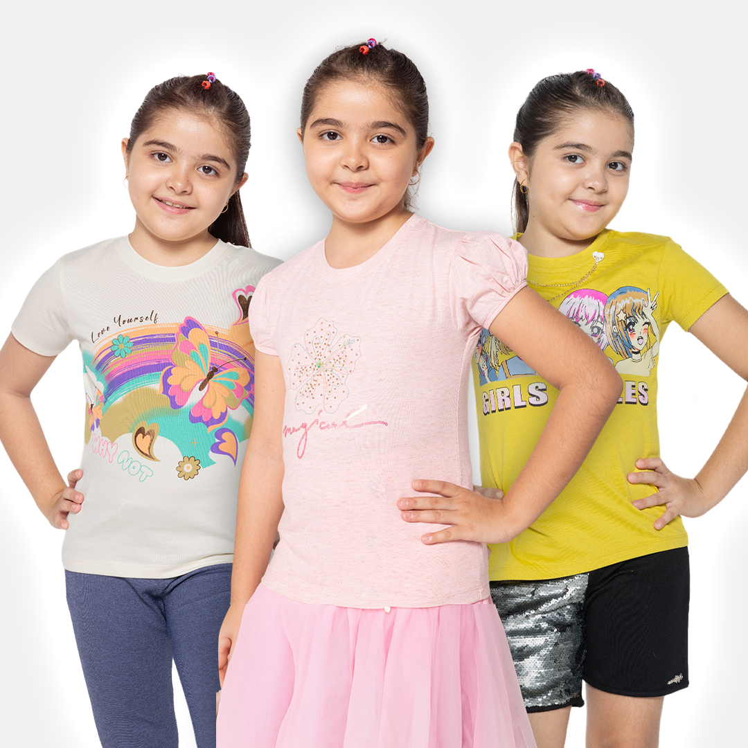 "Girls' Fashion Fun: Set of 3 Printed Part Tops"