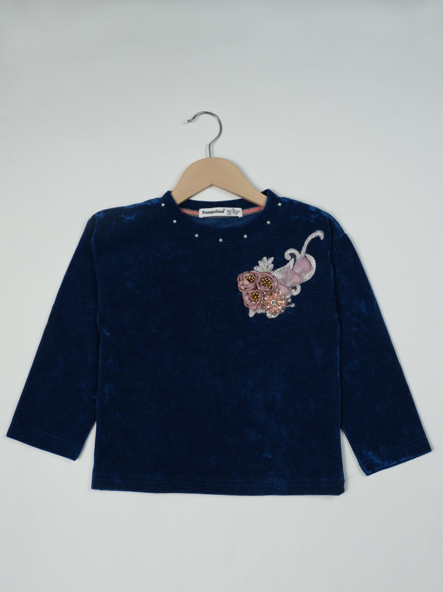 Pampolina Navy Sharing Top with Floral Embellishment