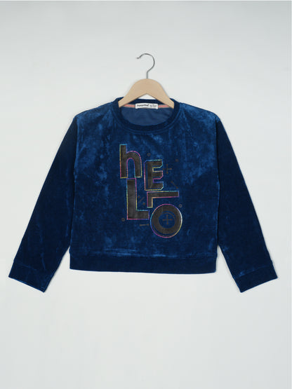 Pampolina Blue Sharing Top with "Hello" Slogan and Rainbow Rhinestone Detail