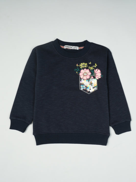 Pampolina Navy Blue Sweatshirt with Floral Pocket Detail and Sequin Accents