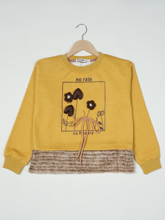 Pampolina Mustard Sweatshirt with Floral Design and "No Rain, No Flowers" Text