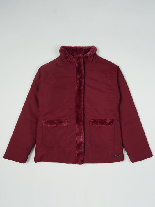 Pampolina Burgundy Puffer Jacket with Faux Fur Trim and Lined Pockets