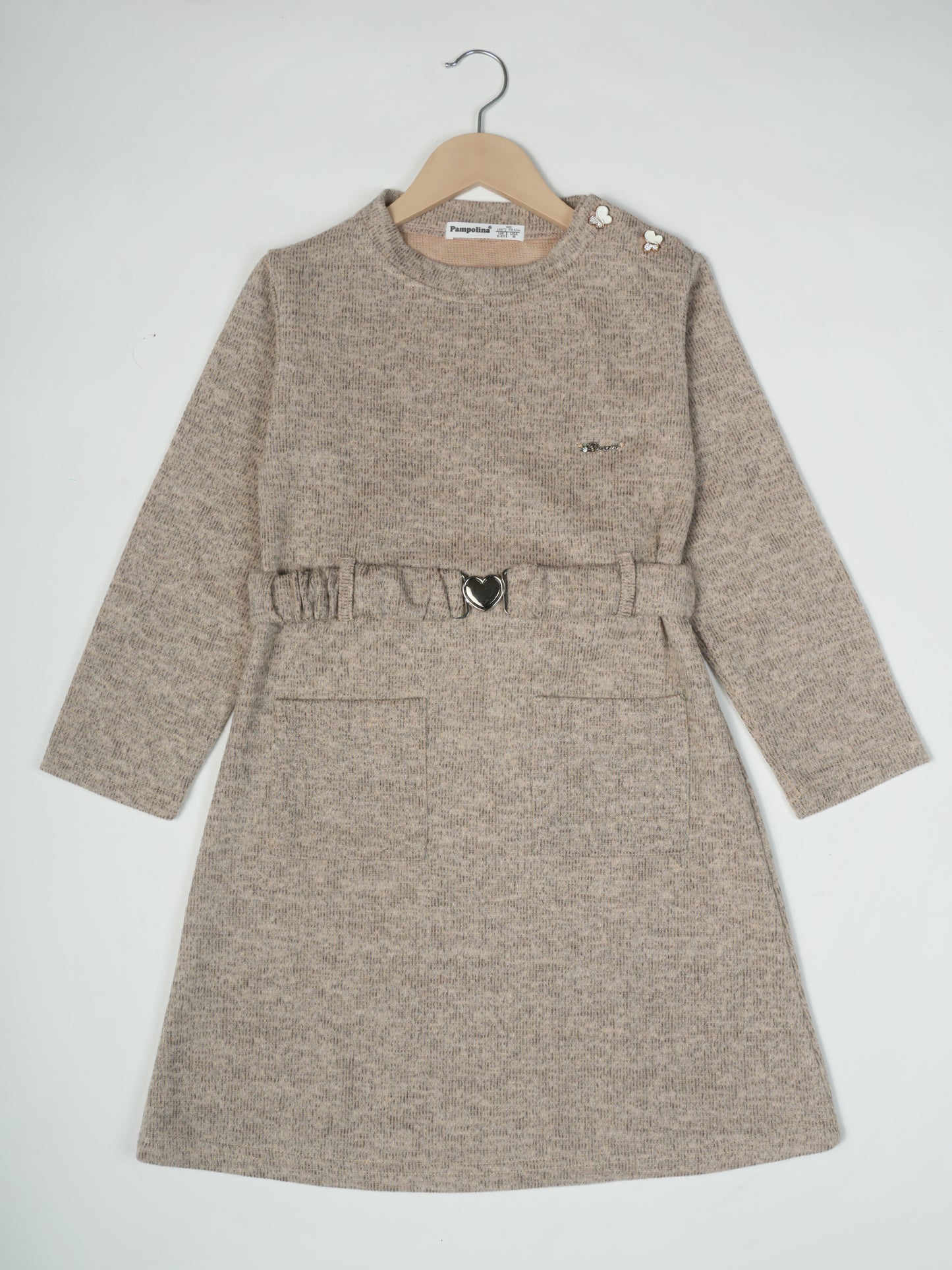 Pampolina Girls' Beige Ribbed Dress with Unique Design