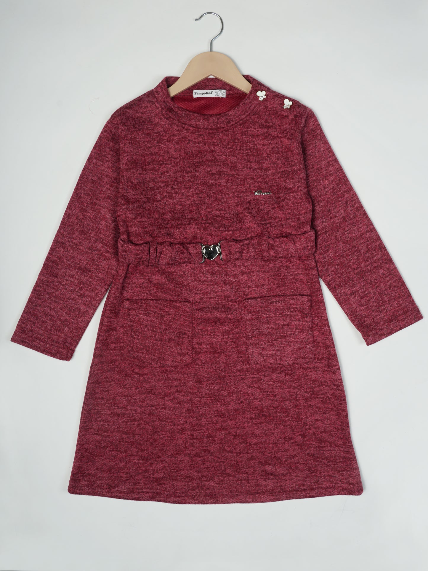 Pampolina Burgundy Dress with Heart-Shaped Buckle, Ruffle Detail, and Pearl Buttons