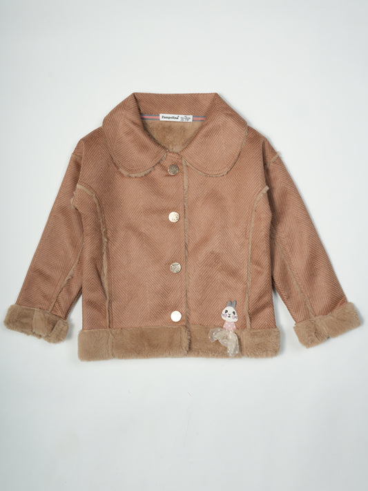 Pampolina Brown Corduroy Jacket with Faux Fur Trim, Gold Buttons, and Bunny Applique