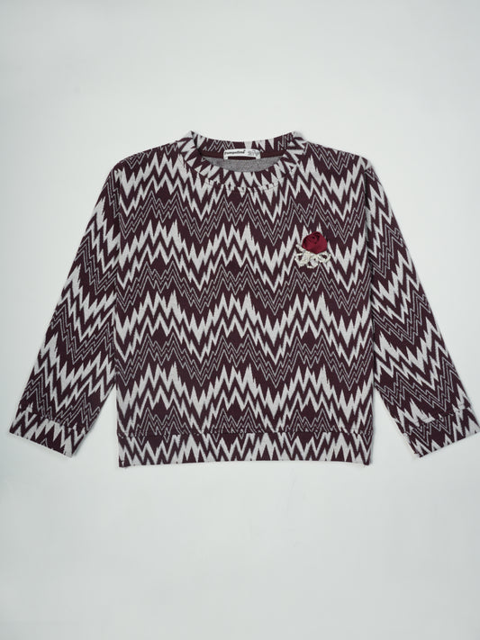 Pampolina Burgundy and White Zigzag Sweatshirt with Rose Applique