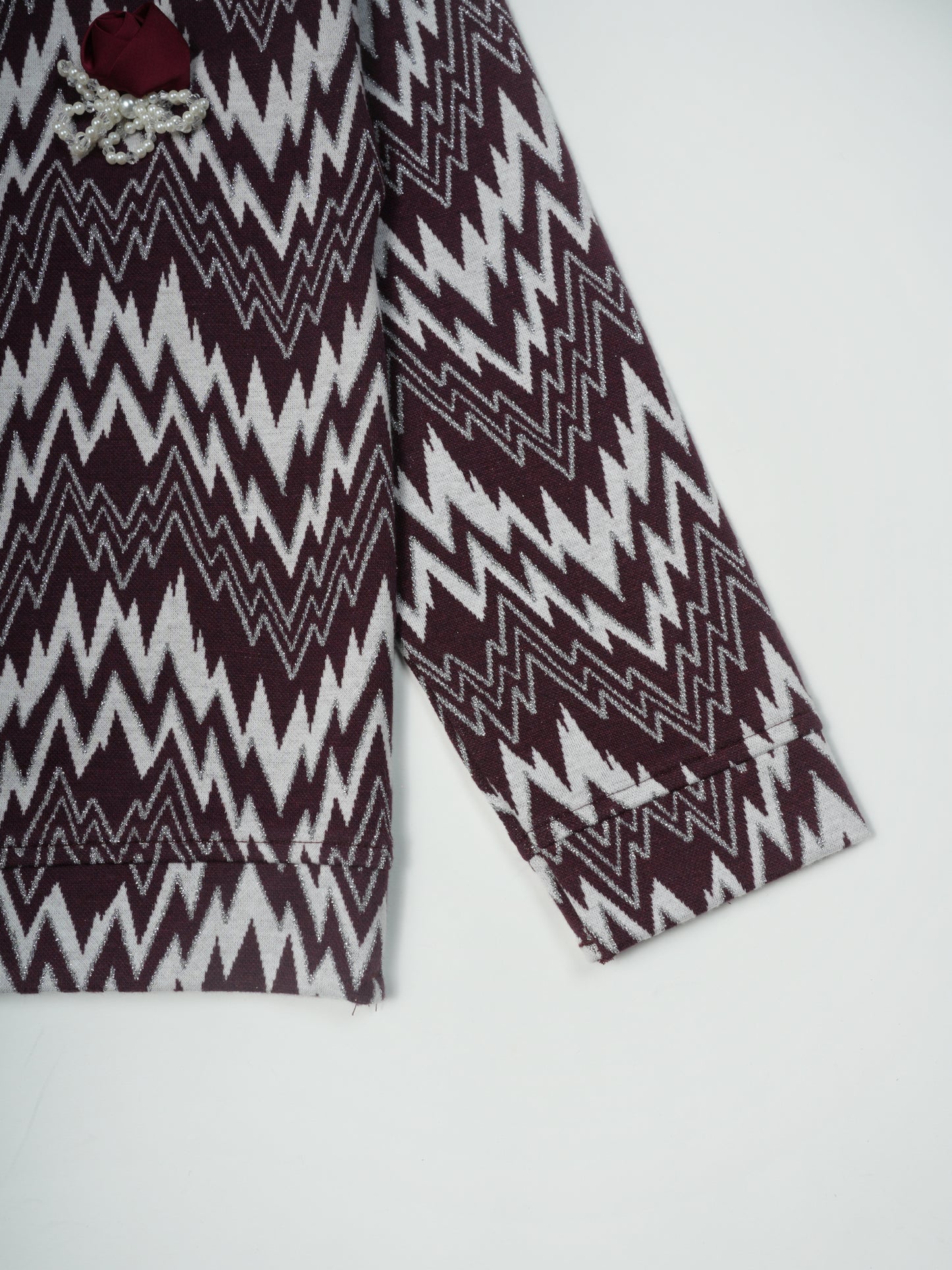 Pampolina Burgundy and White Zigzag Sweatshirt with Rose Applique