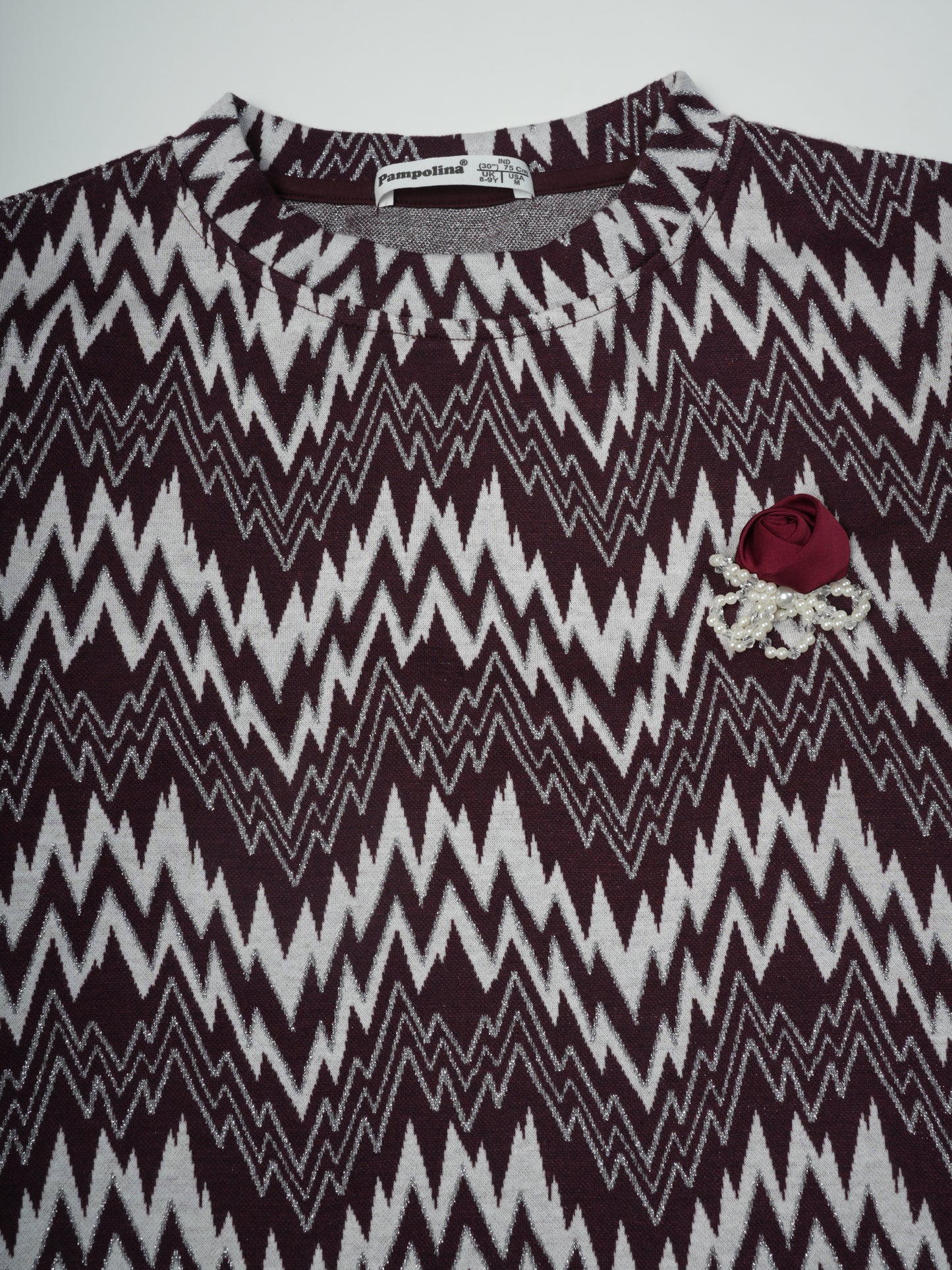 Pampolina Burgundy and White Zigzag Sweatshirt with Rose Applique