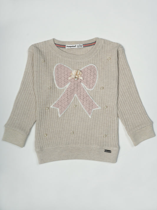 Pampolina Beige Ribbed Sweater with Embroidered Bow and Pearls