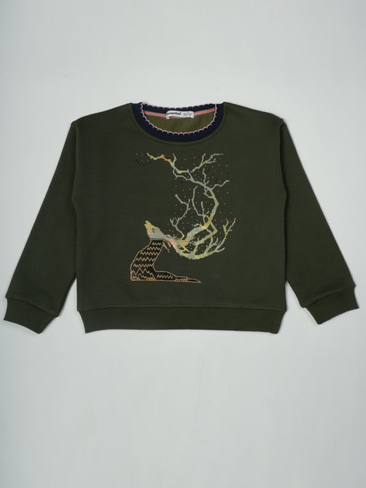 Pampolina Olive Sweatshirt with "Fox and Tree" Design