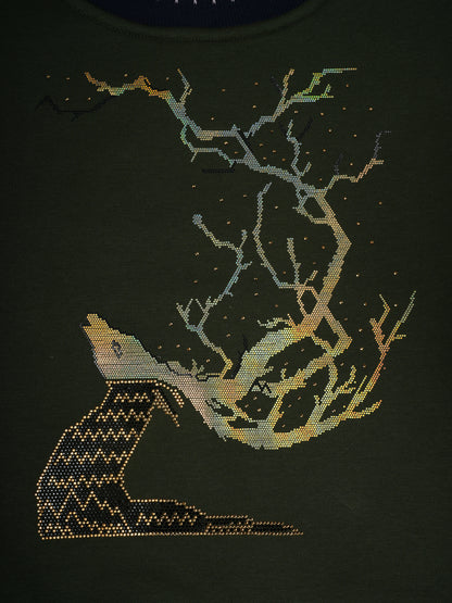Pampolina Olive Sweatshirt with "Fox and Tree" Design