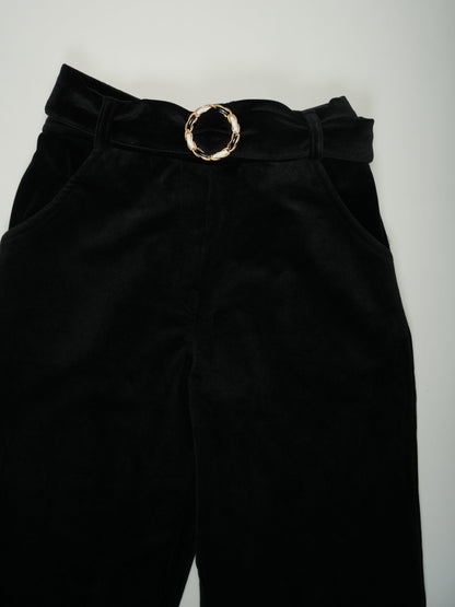 Black Sharing Pants with Gold Belt and Patch Pockets