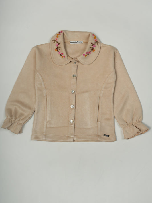 Pampolina Beige Suede Jacket with Floral Embroidered Collar