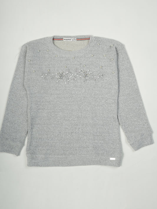 Pampolina Gray Sweatshirt with Sequin and Pearl Embellishment