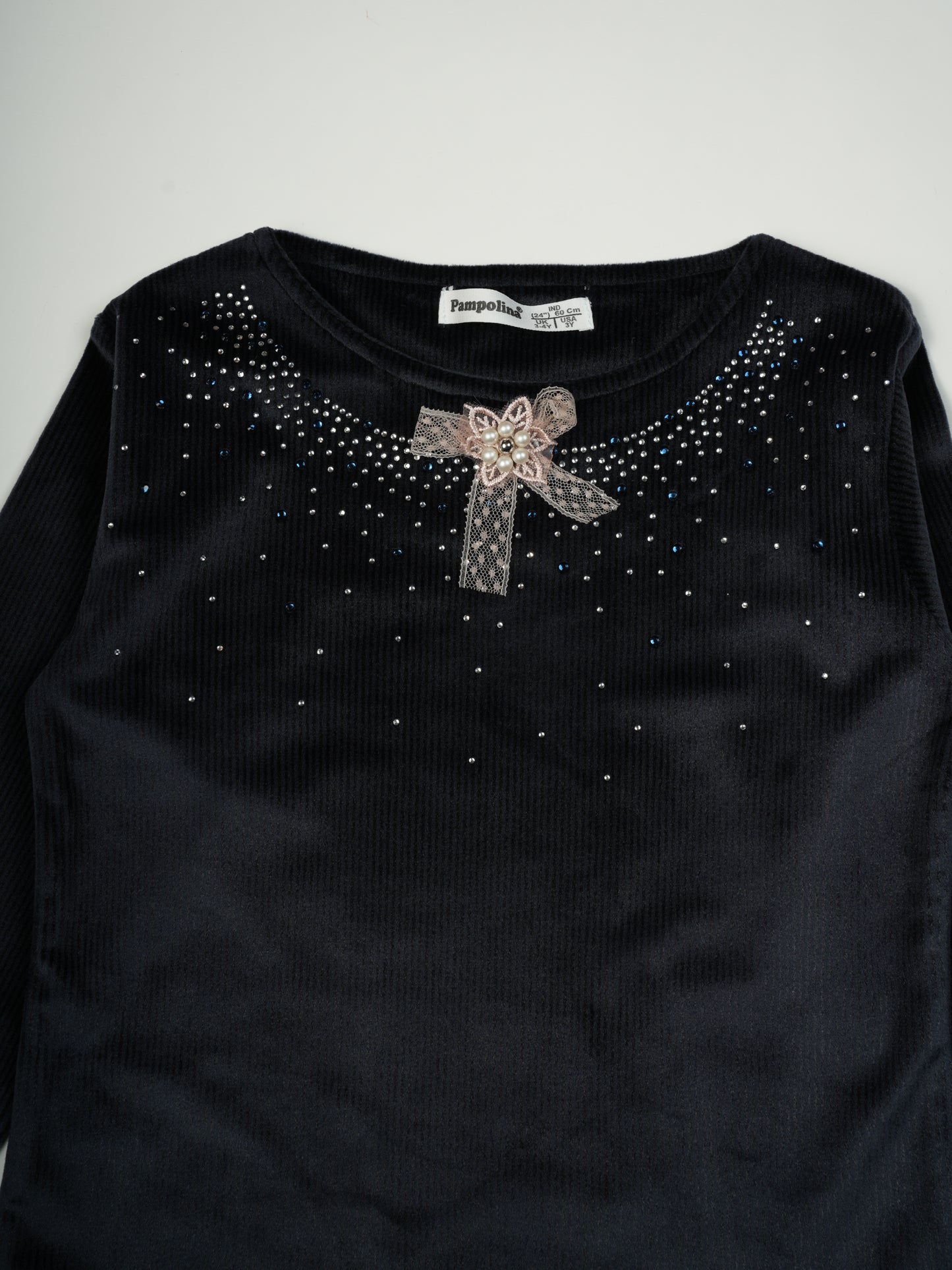 Pampolina Black Ribbed Top with Floral Embellishment and Rhinestones