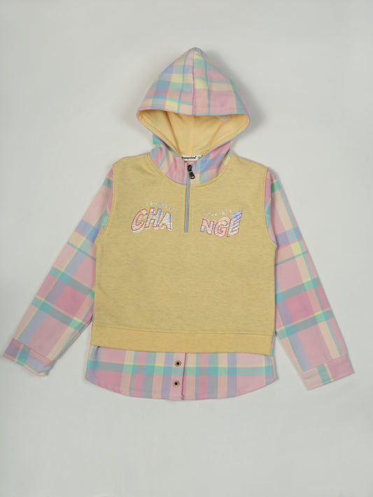 Pampolina Lemon Hooded Sweatshirt with "Change Yourself" Design and Plaid Sleeves