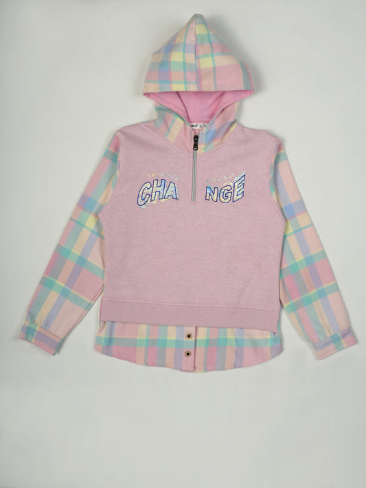 Pampolina Pink Hooded Sweatshirt with "Change Yourself" Design and Plaid Sleeves