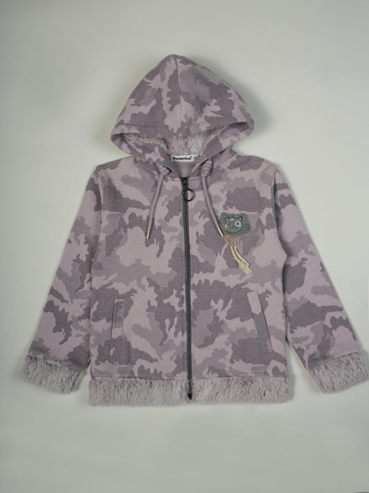 Pampolina Purple Camouflage Sweatshirt with Faux Fur Trim and Cat Applique